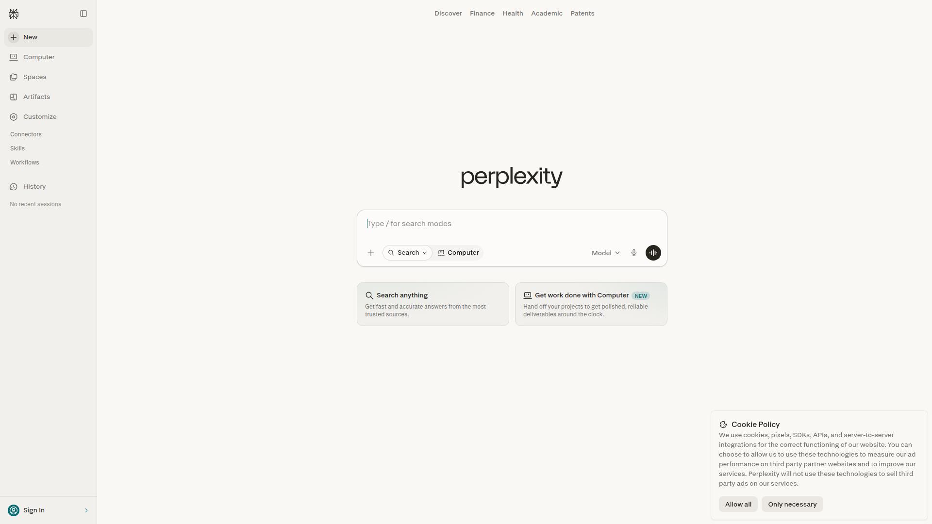 Perplexity AI website